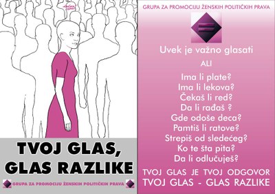 Dvostrani letak - tekst: Šta hoćeš i Grupa za promociju ženskih političkih prava, crtež: Kosta Milovanović, prelom: Mališa Vučković,