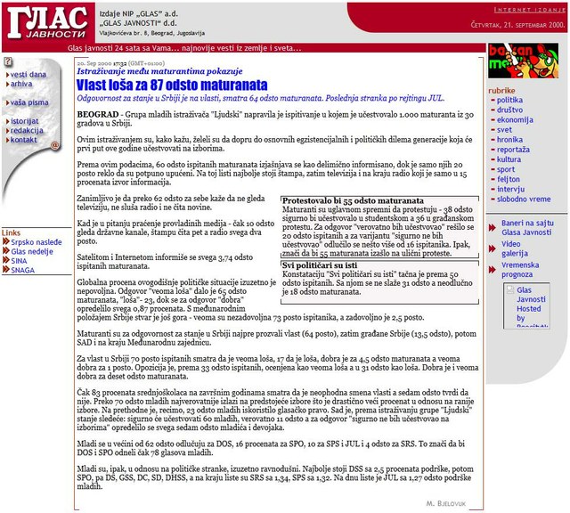 Članak iz Glasa javnosti objavljen 21. septembra 2000.